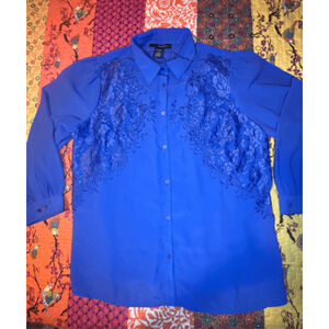 24/7 shirt long sleeve stunner blue embroidered front silky soft 22W.
